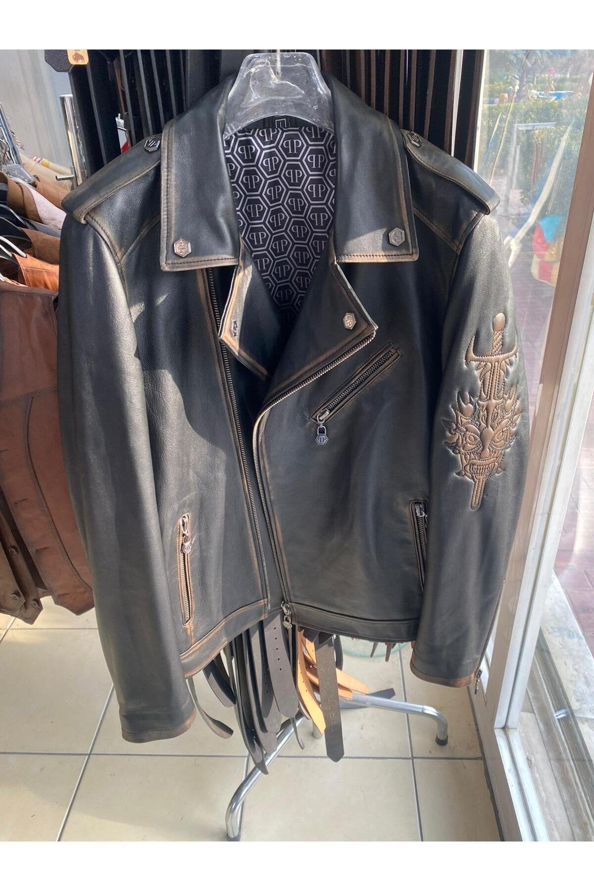 Vintage Tarz Hakiki Deri Motosiklet Montlar, Koyun Derisi, Eskitme Tasarım, Orta Kalınlık