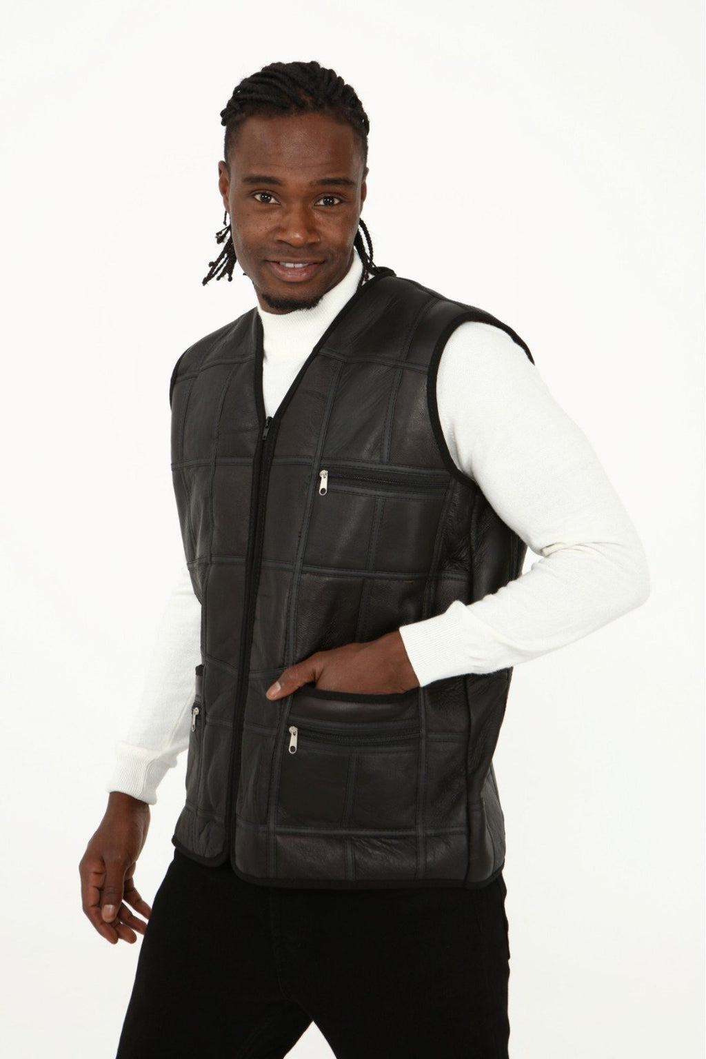 Parçalı Hakiki Deri ve Hakiki Kürk Parçalı yelek Koyu Kahverengi,