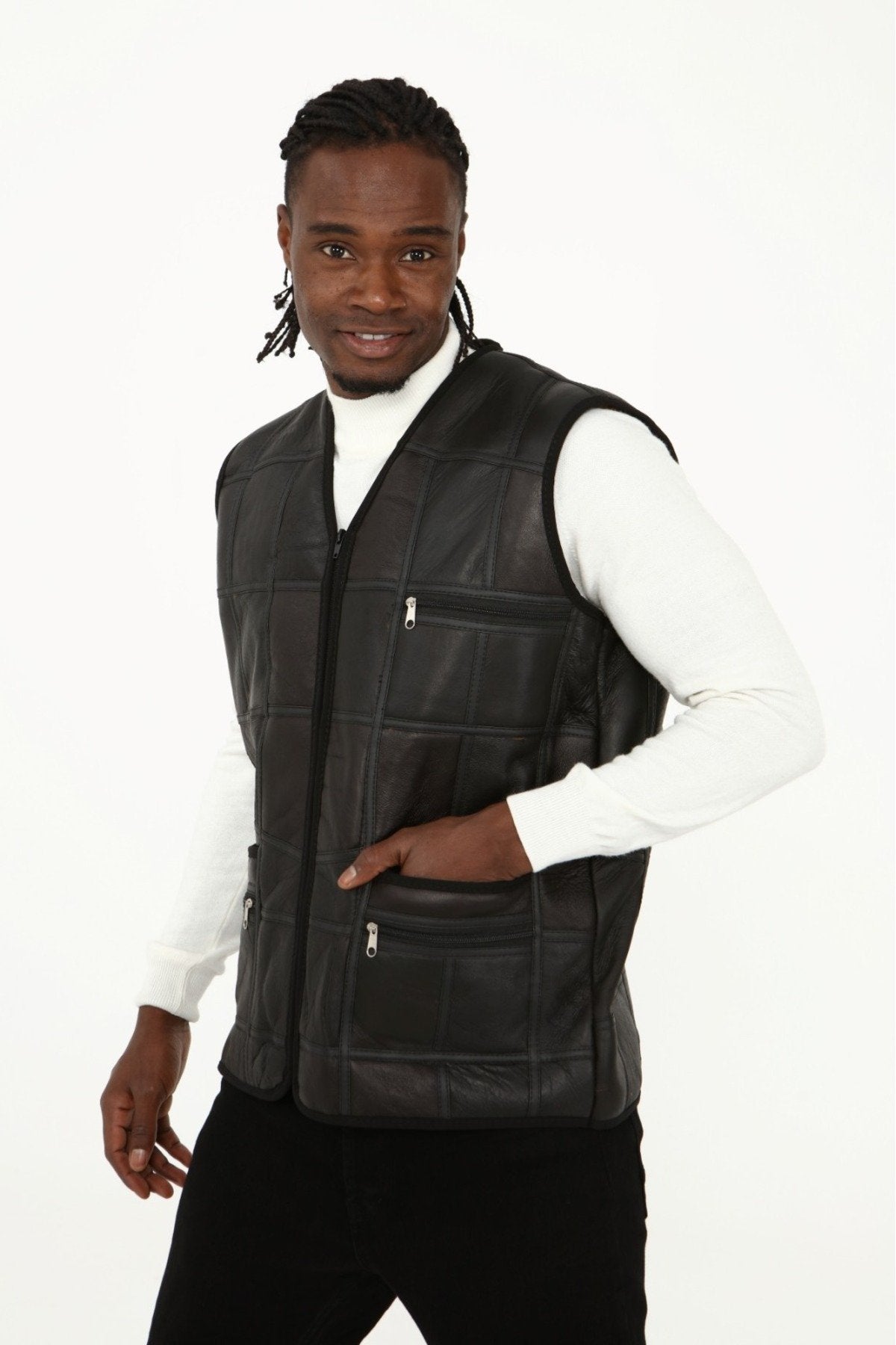 Parçalı Hakiki Deri ve Hakiki Kürk Parçalı yelek Koyu Kahverengi,