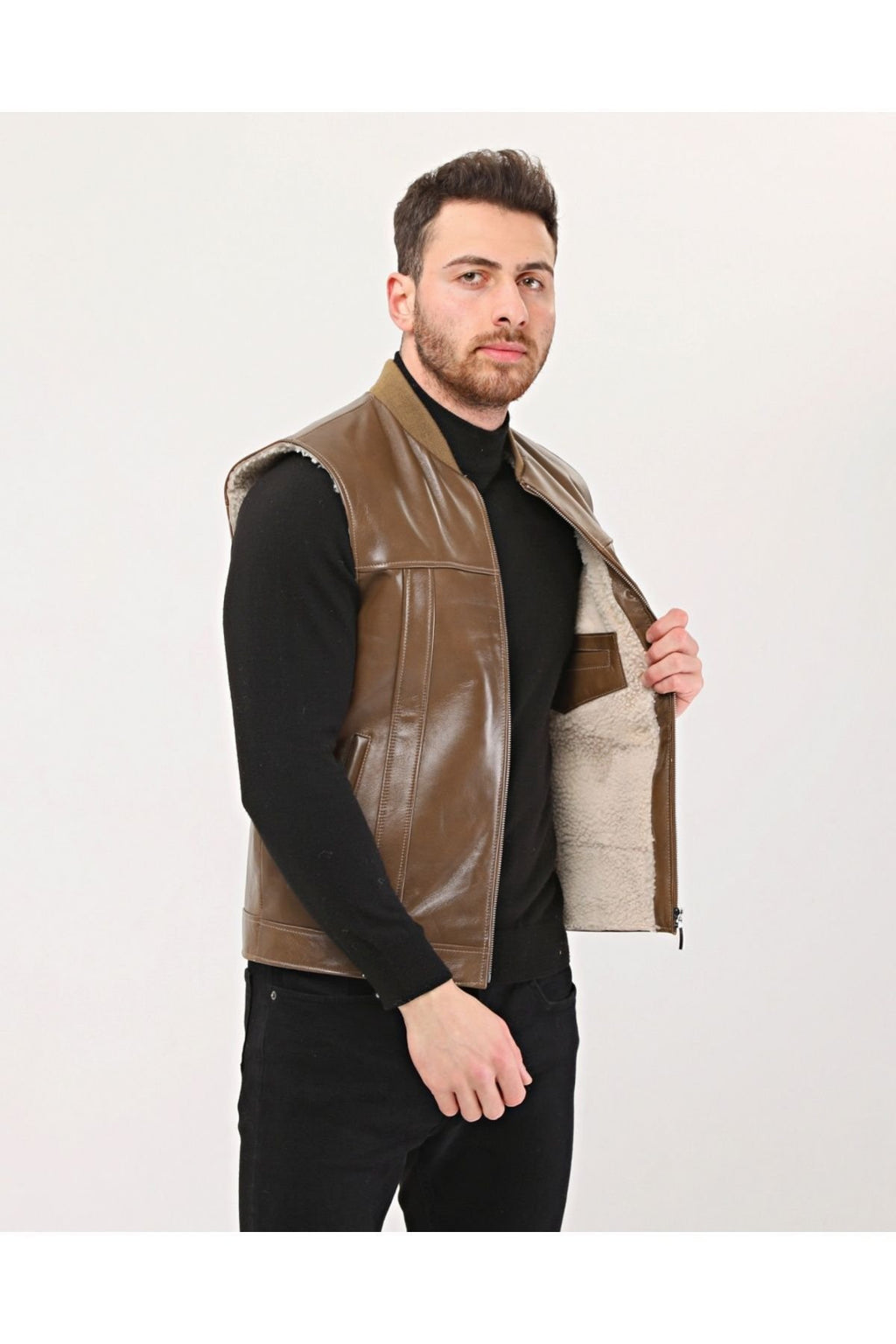 Hakiki Deri Bisiklet Yaka Içi Kürklü Yelek Kahve Renk