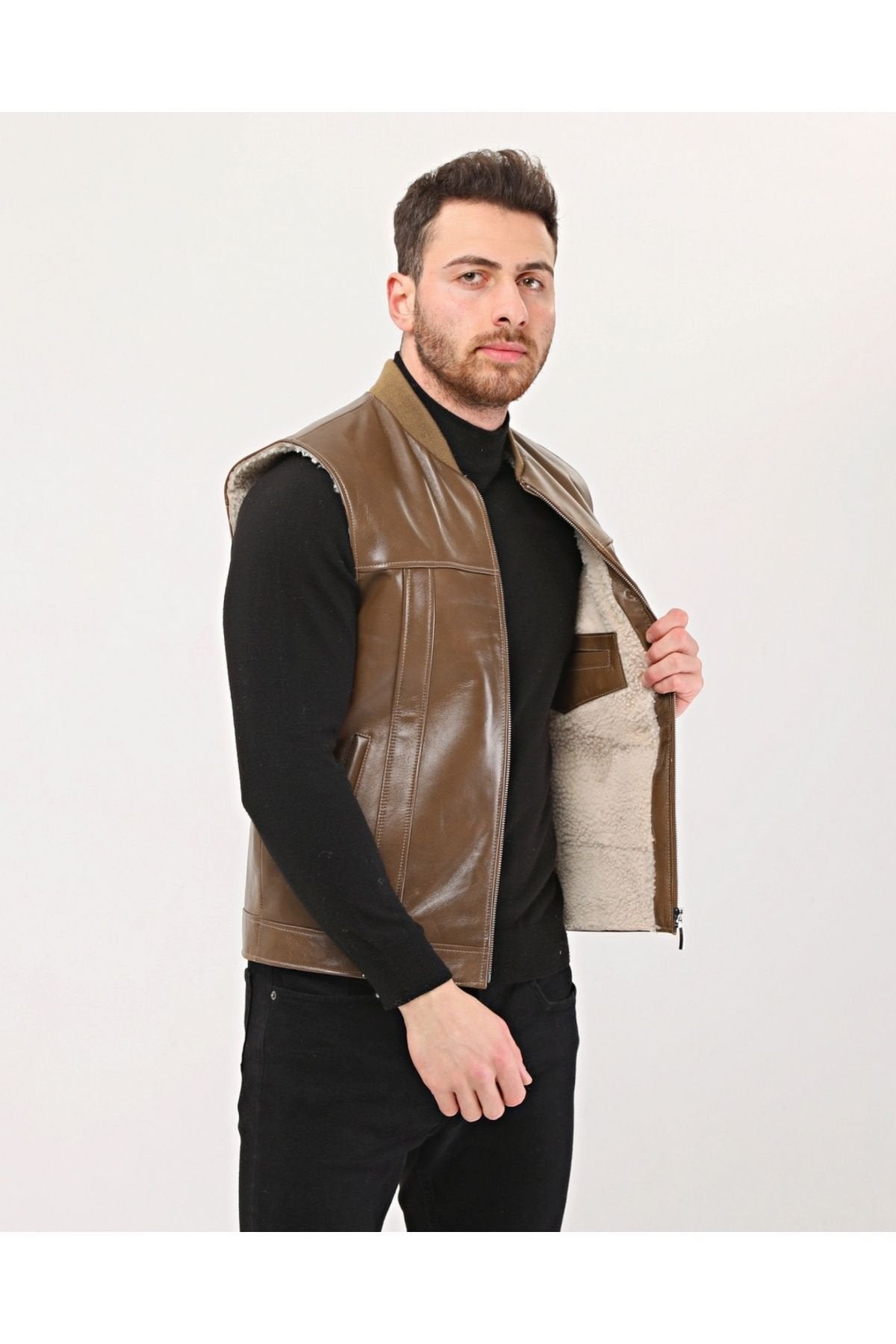 Hakiki Deri Bisiklet Yaka Içi Kürklü Yelek Kahve Renk