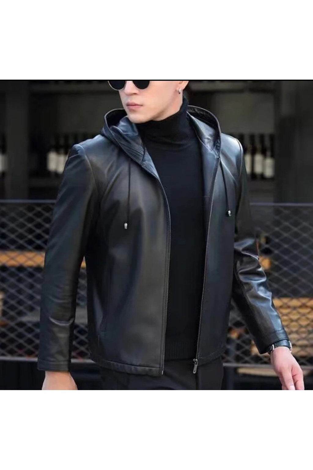 Kapüşonlu hakiki deri spor ceket