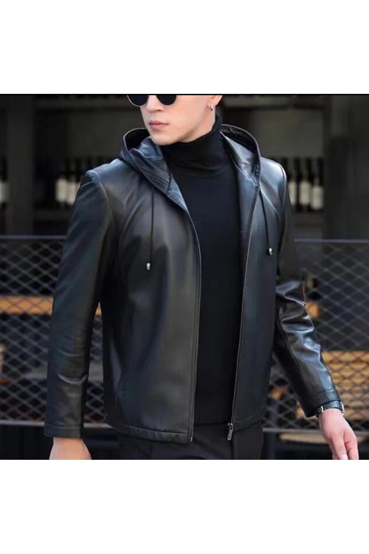 Kapüşonlu hakiki deri spor ceket
