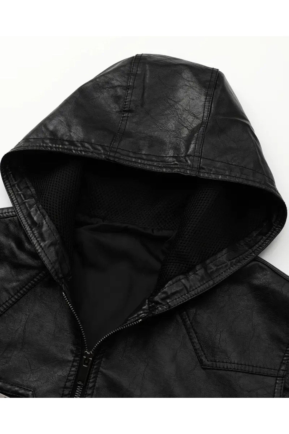 Kapüşonlu Triko yaka ve Triko Bel Hakiki kuzu derisi yelek