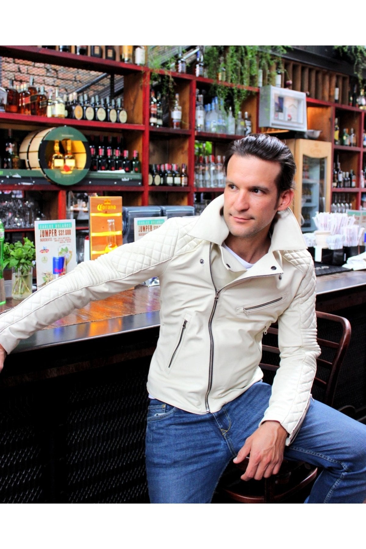 Fil dişi renk Hakiki koyun derisi biker mont