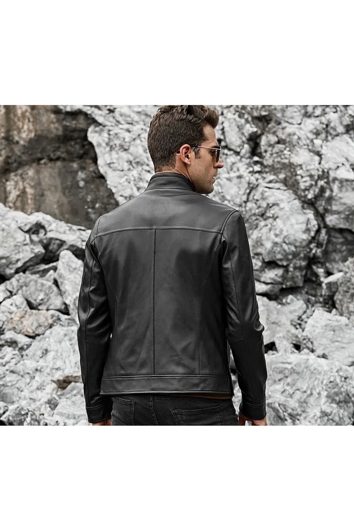 Dik yaka hakiki deri düz mont