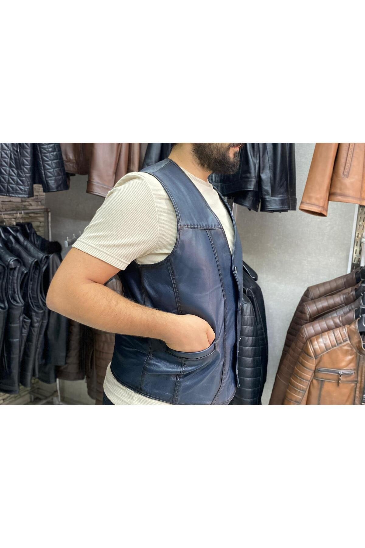 Hakiki Deri Lacivert Renk Yelek Slim Fit Kesim