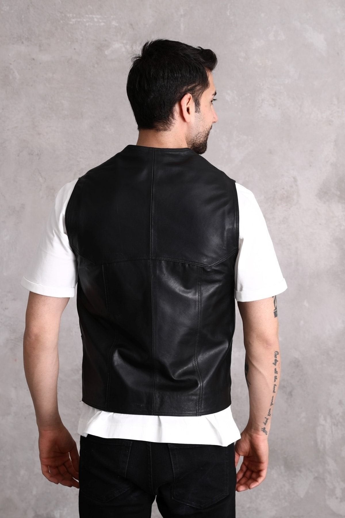 Hakiki Deri Yandan Cepli Siyah Erkek Yelek
