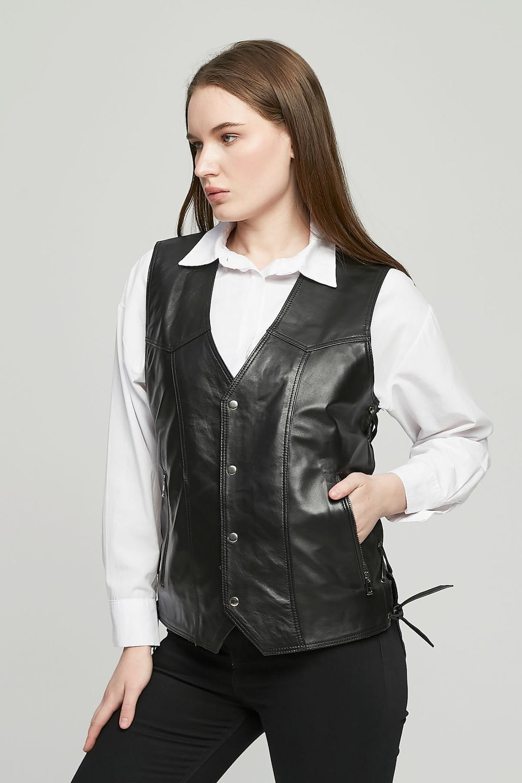 Hakiki Deri Yandan Ayarlanabilir Bağcıklı Yelek Siyah Renk Kadın