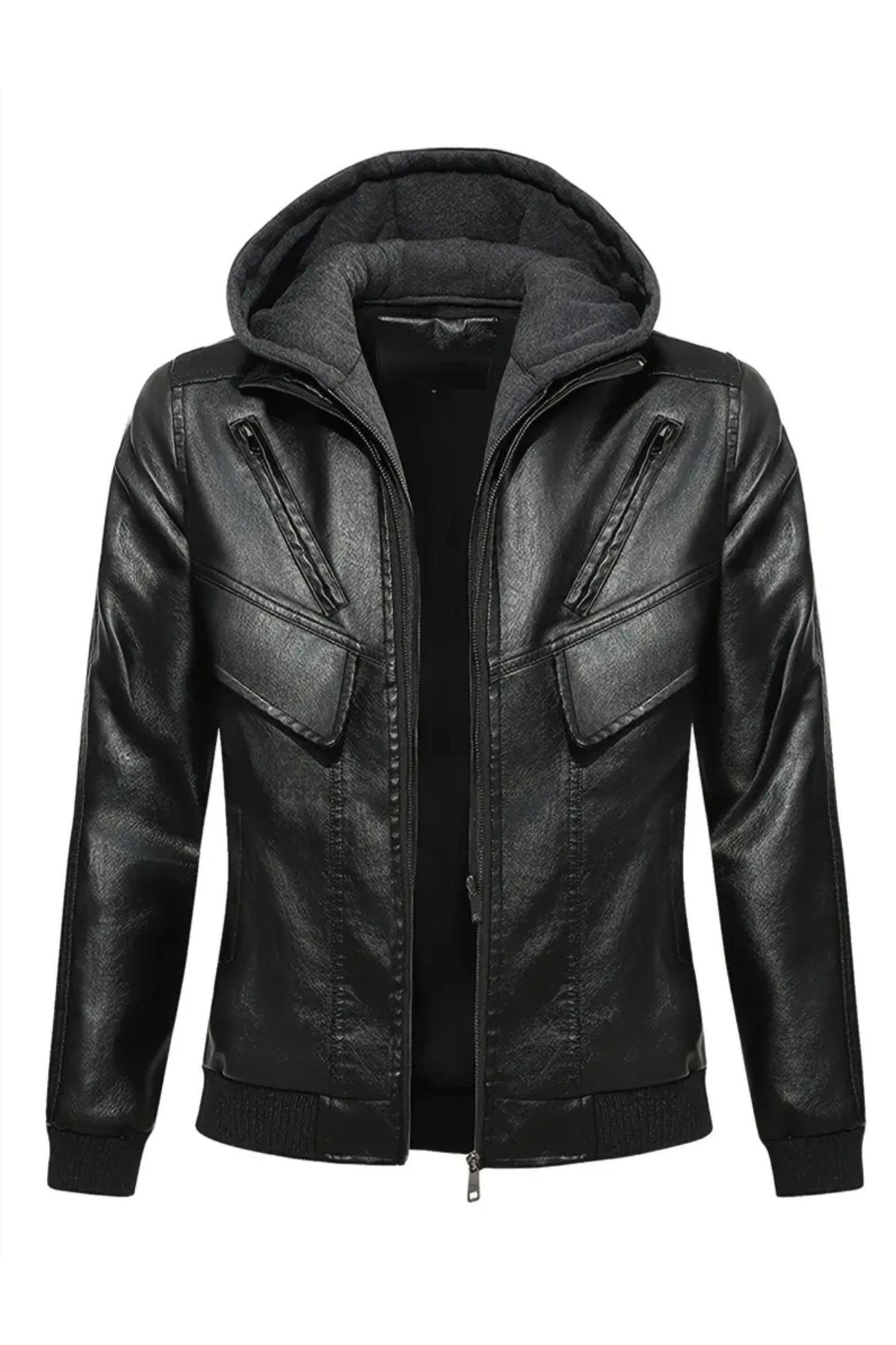 Kapüşonlu Hakiki Deri Kapak Süslü Mont Mat Veya Parlak Seçenekli