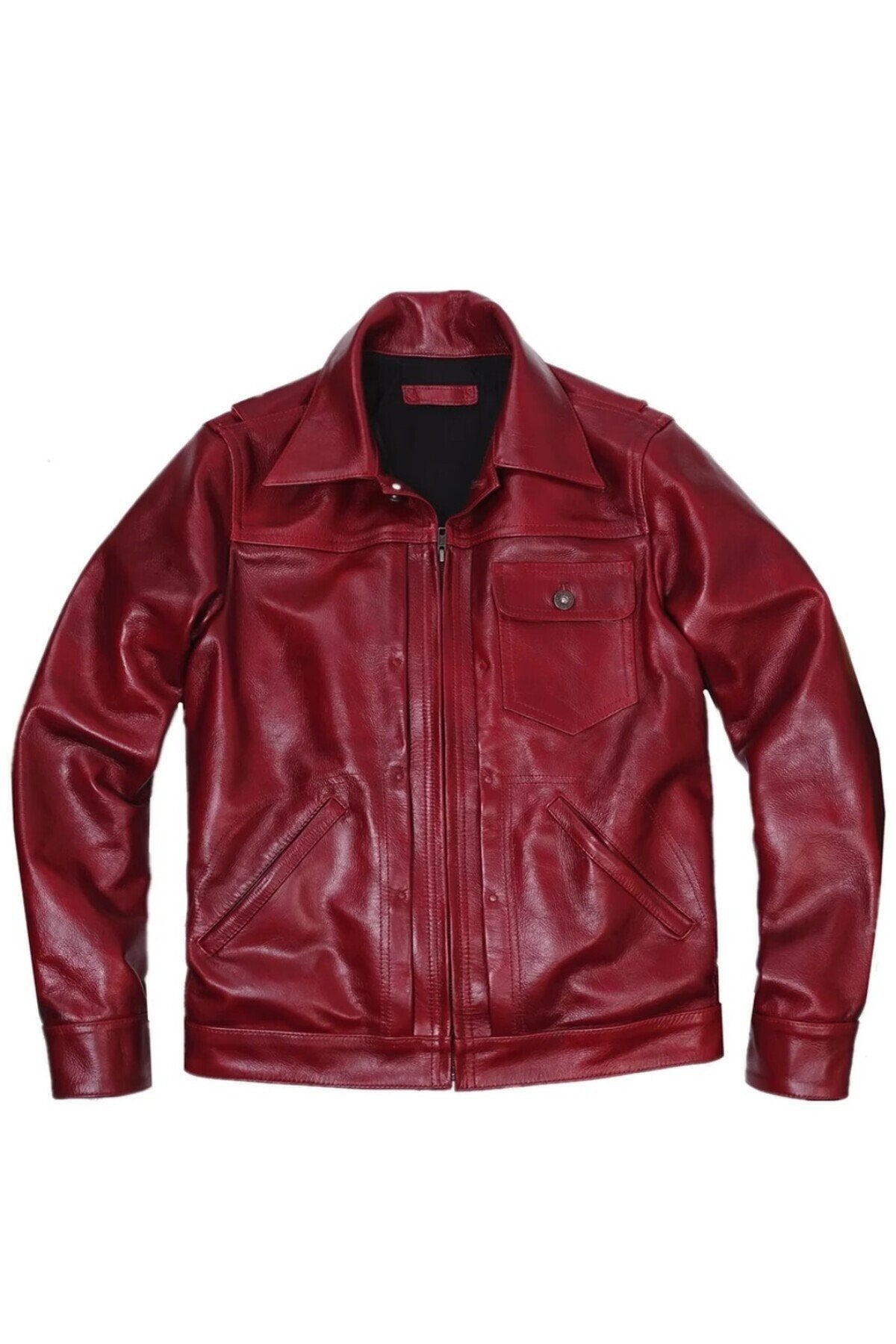Vintage ceket tarzı şarap kırmızı renk hakiki deri mont