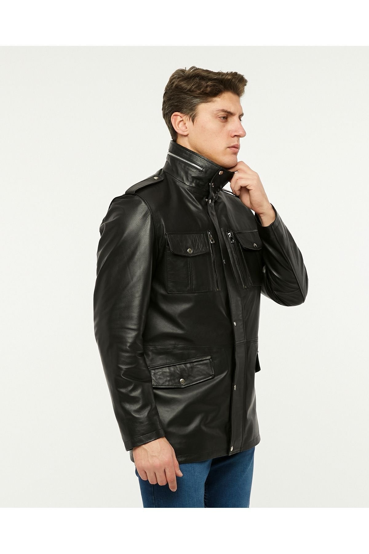 Hakiki deri uzun mont hakim dik yaka siyah renk