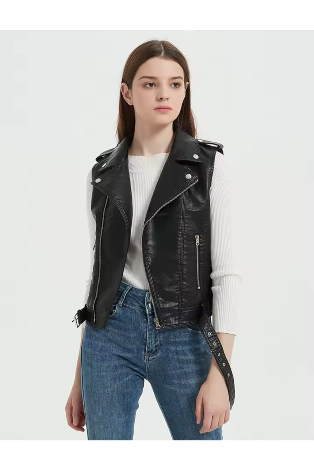 Hakiki kuzu derisi Kadın Motorcu Tarzı Biker Yelek