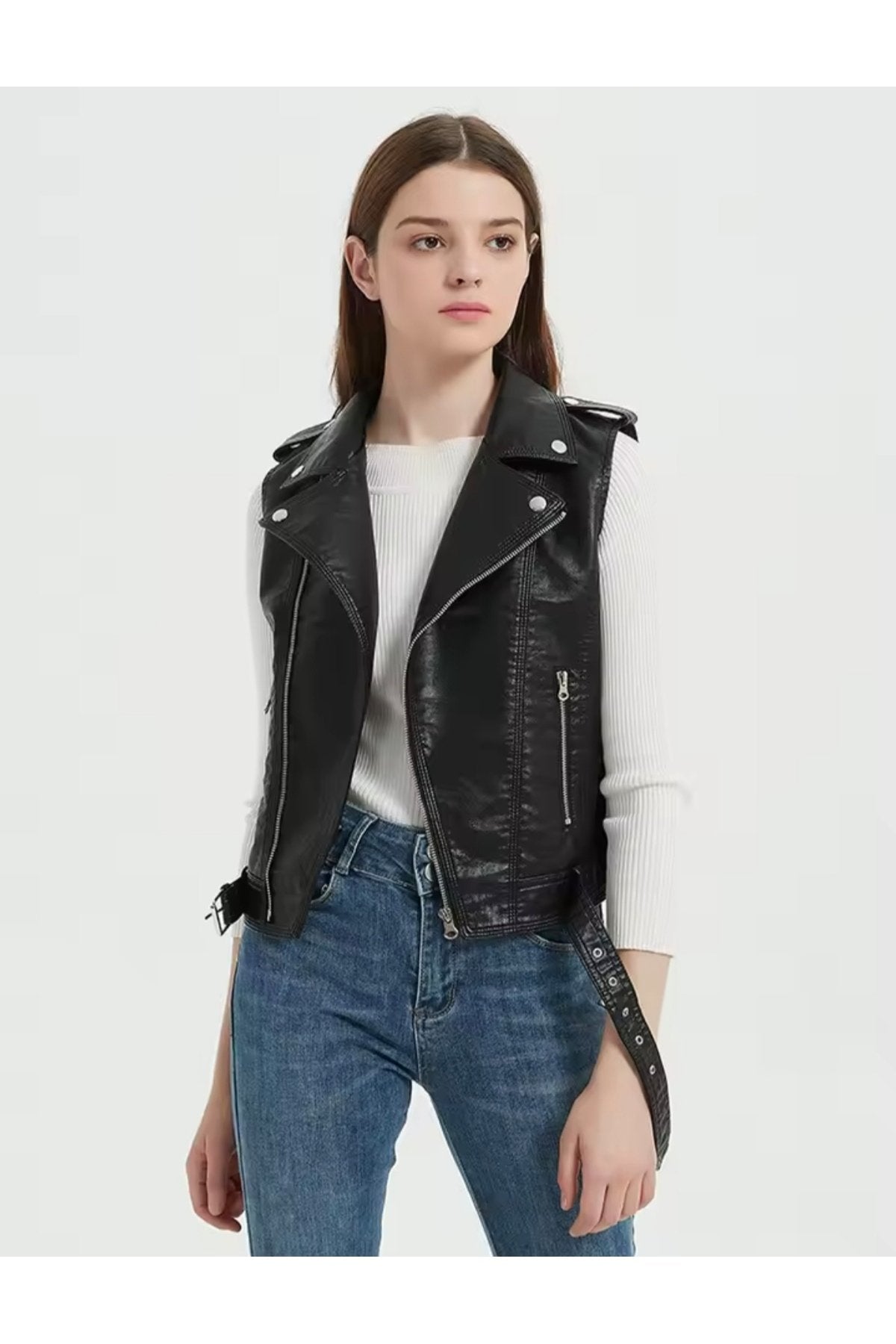 Hakiki kuzu derisi Kadın Motorcu Tarzı Biker Yelek