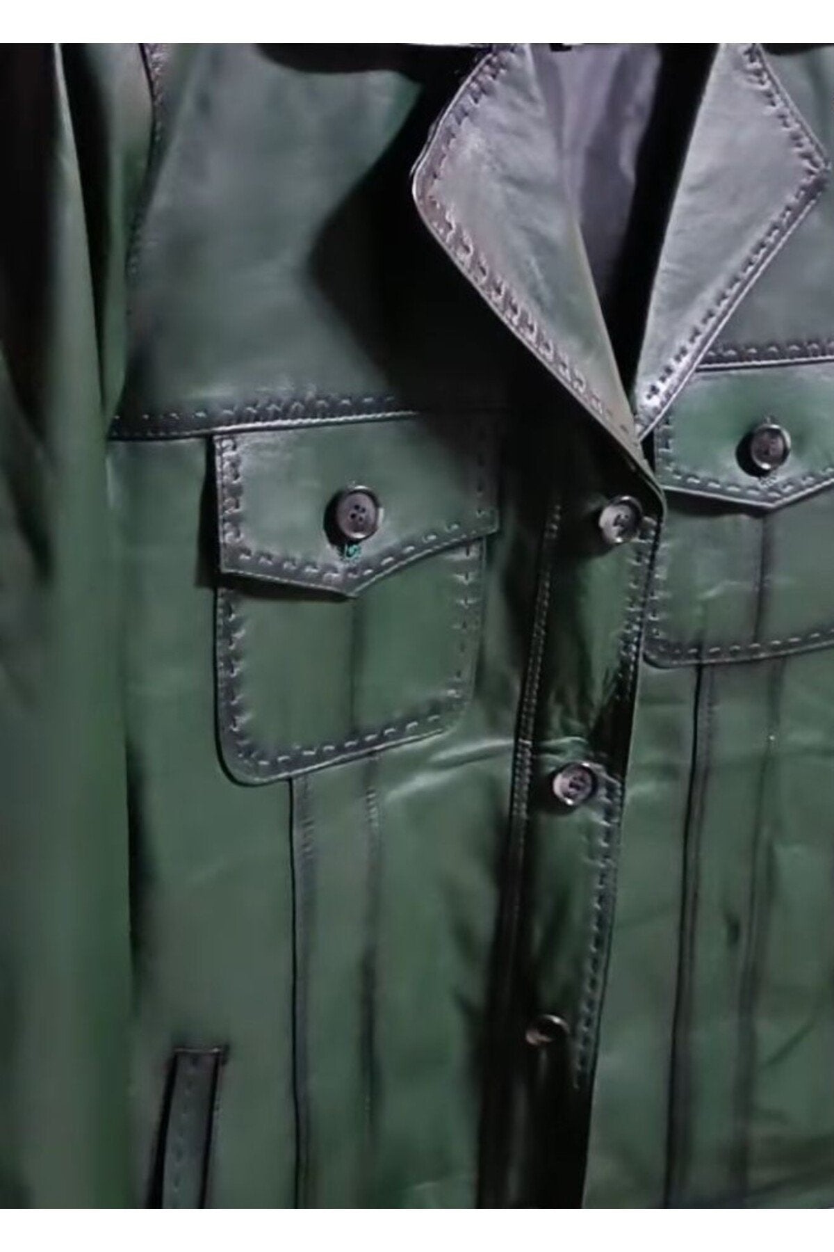 Yeşil Karartmalı Hakiki Deri Ceket Dar Kesim