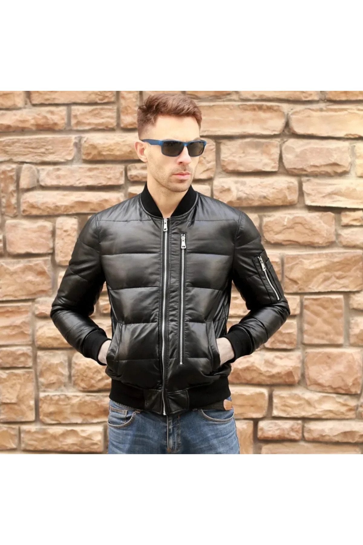 Hakiki deri şişme tarzı mont dar kesim siyah renk