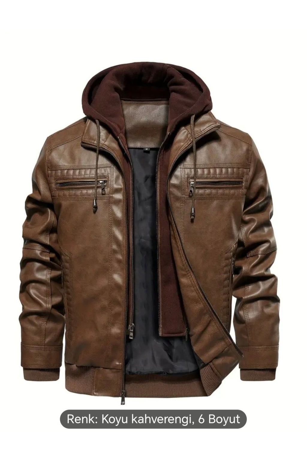 Kapüşonlu hakiki deri dikiş ve ribana detaylı mont