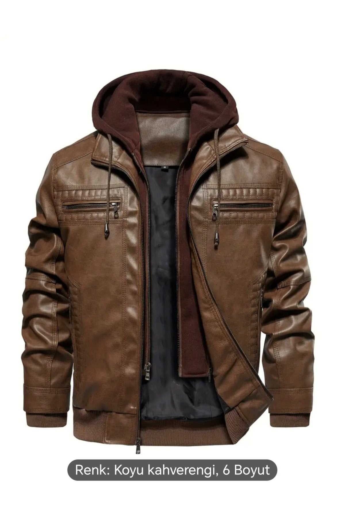 Kapüşonlu hakiki deri dikiş ve ribana detaylı mont