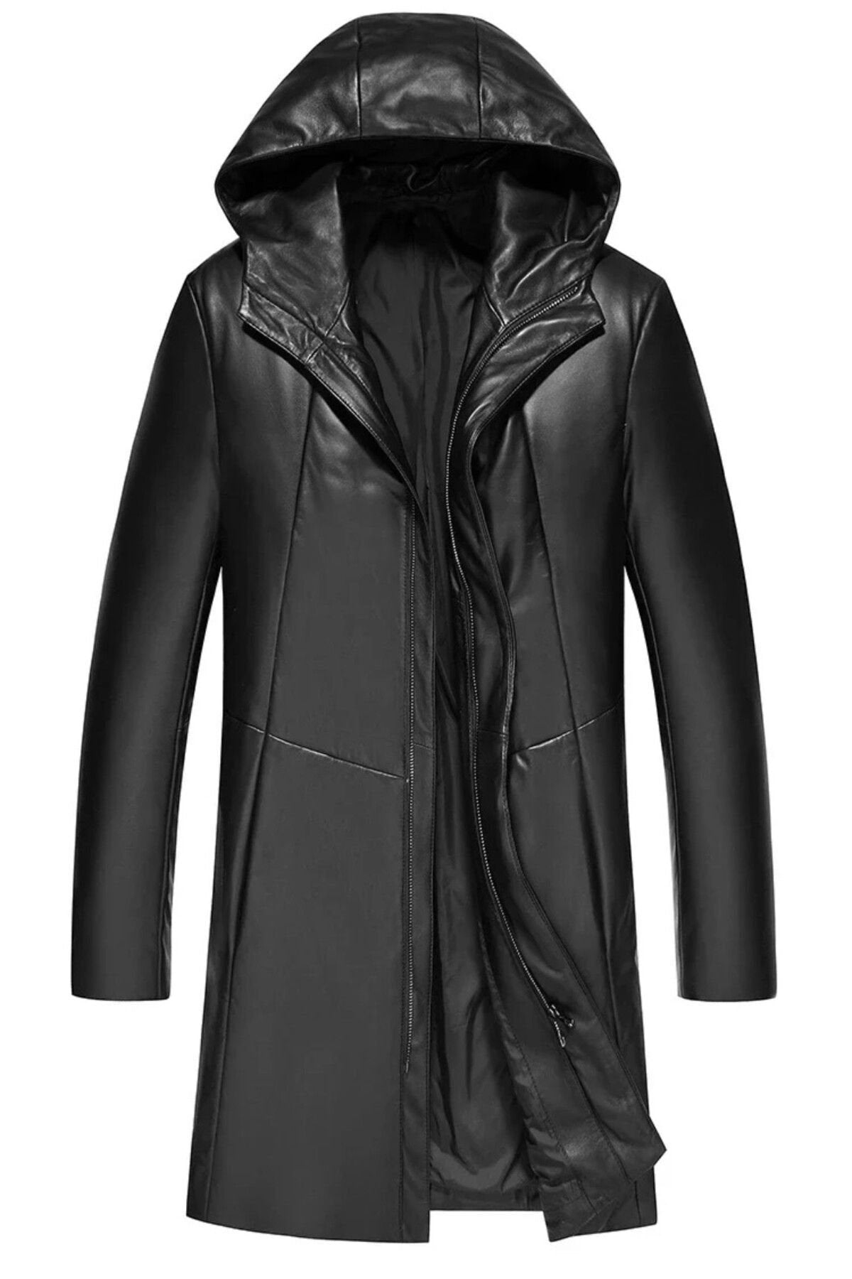 Hakiki Deri Orta Uzunlukta Kapüşonlu Mont Kaban
