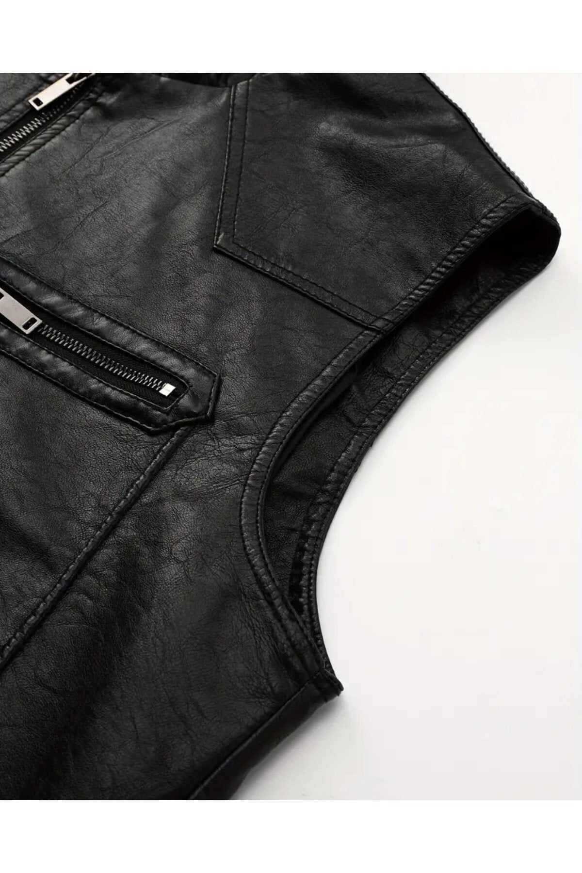 Kapüşonlu Triko yaka ve Triko Bel Hakiki kuzu derisi yelek