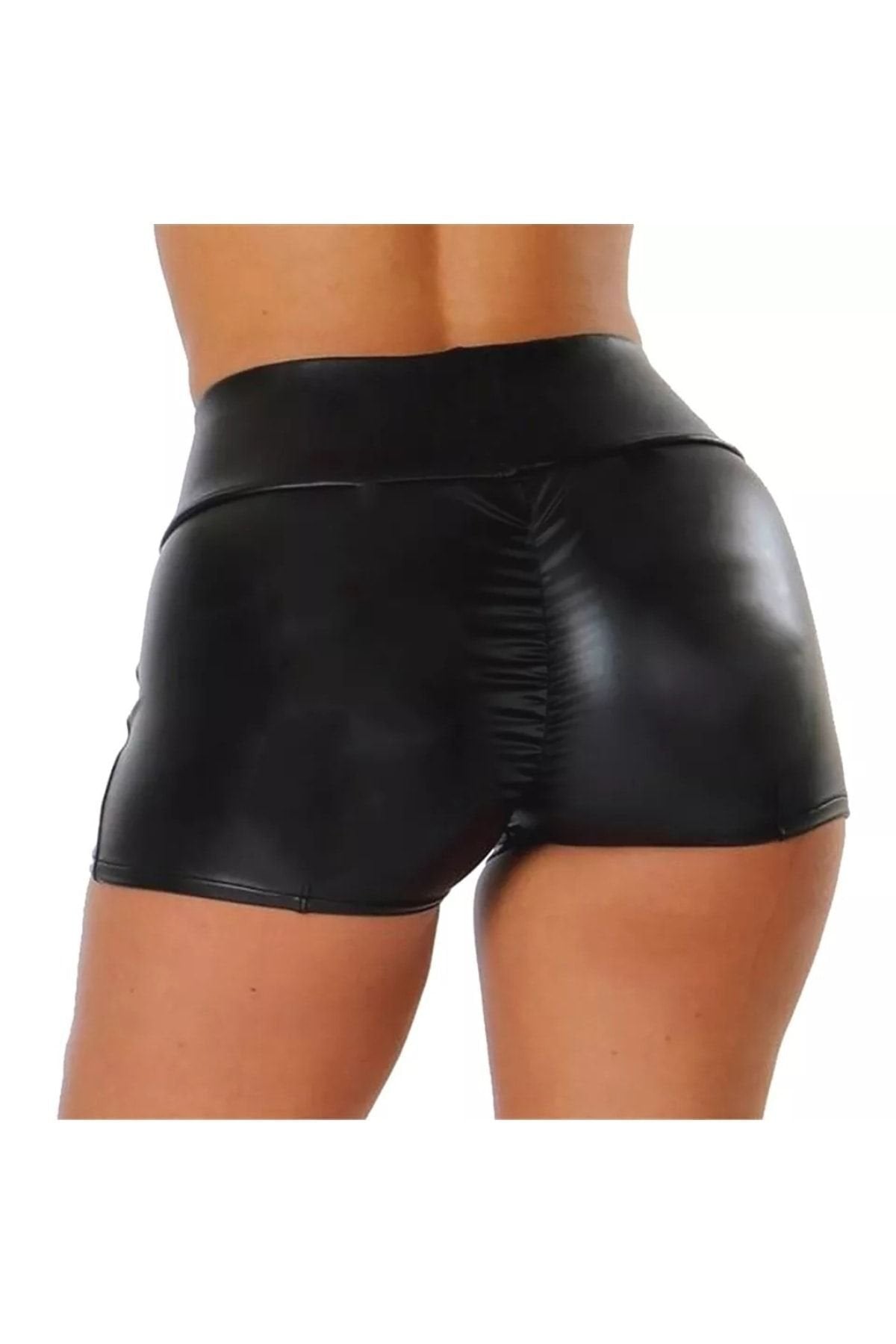 Deri Kısa Şort Arkası Büzgülü Siyah Renk