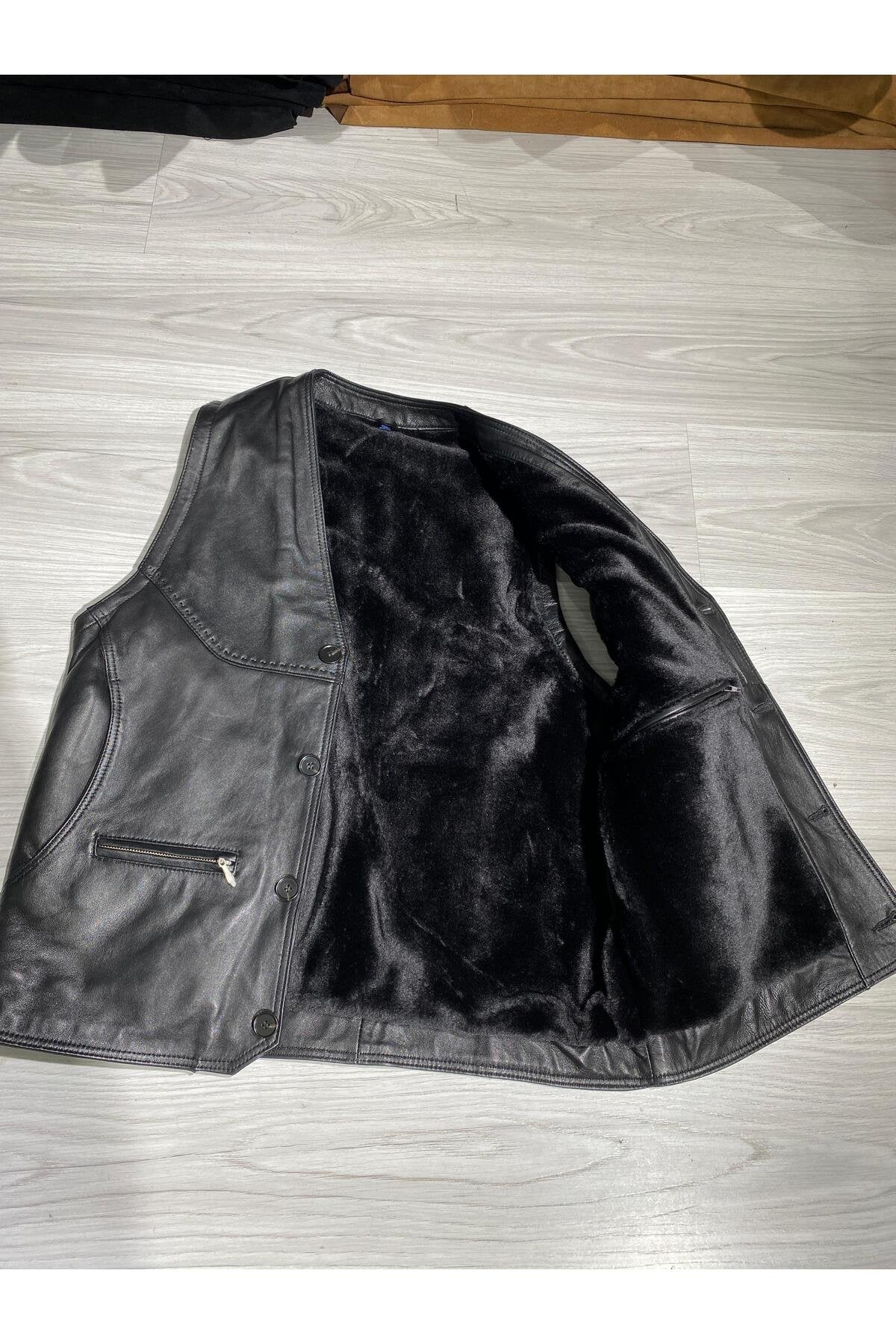 Kürklü Rahat Kesim Uzun Yelek 6 Cepli Hakiki Koyun Derisi