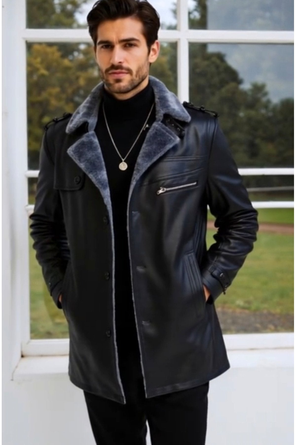 Apoletli Hakiki Koyun Derisi Uzun Kaban Kürklü ve Kürklü Yaka