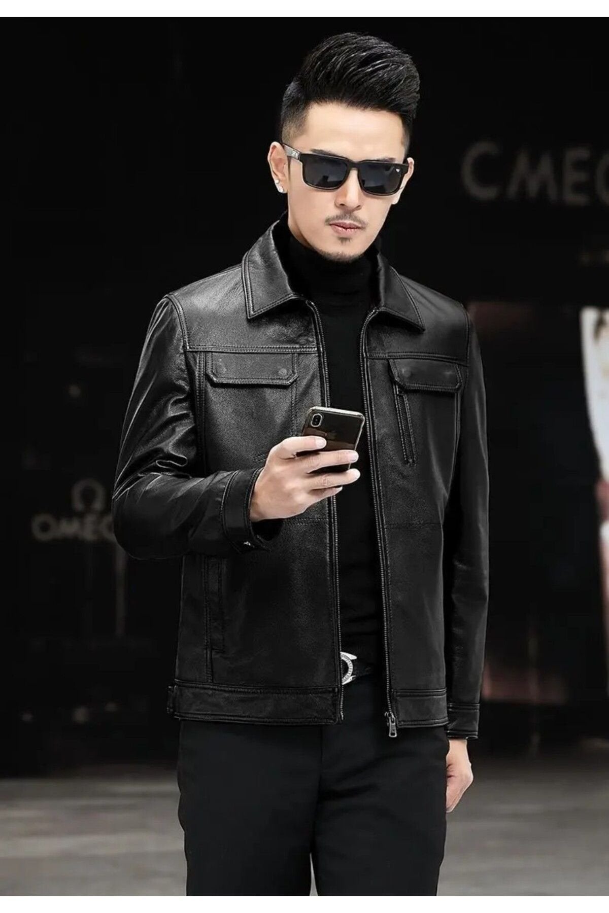 Hakiki deri ceket tarzı mont gömlek yaka