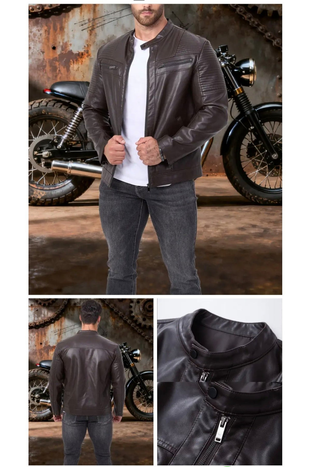 Omuzları ve Kolları Dikiş Detaylı Hakiki Kuzu Derisi Motorcu Mont Kahverengi