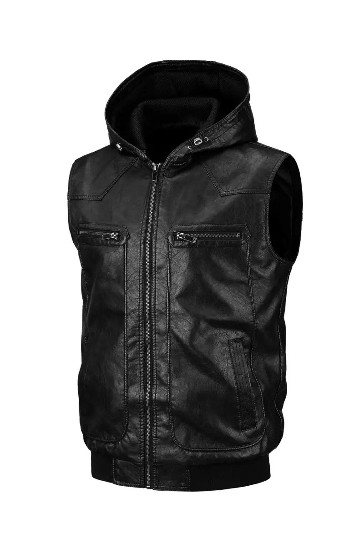 Kapüşonlu Triko yaka ve Triko Bel Hakiki kuzu derisi yelek