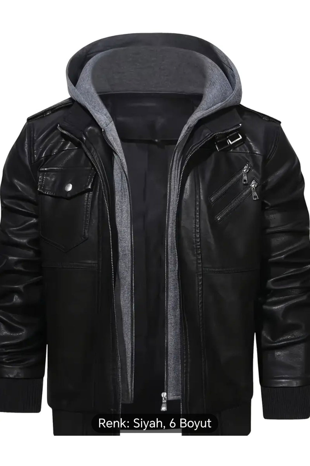 Kapüşonlu hakiki deri apolet ve fermuar detaylı mont