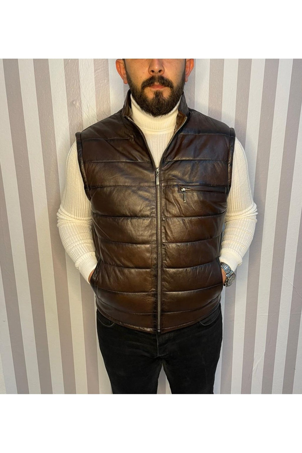 Şişme Hakiki Deri Yelek Karartmalı Kahve Gündelik,Mevsimlik Slim Fit Kesim