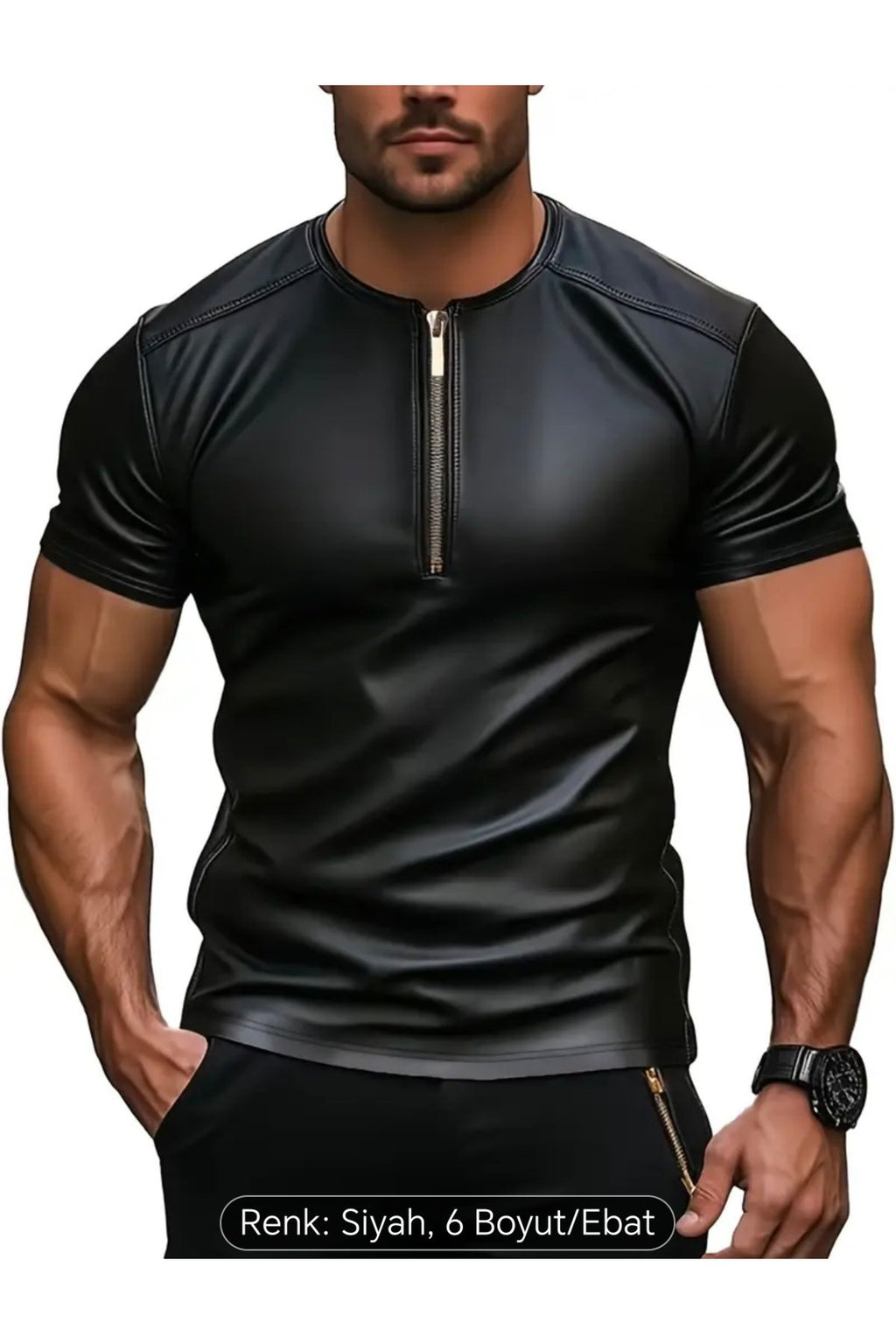 Suni Deri Bisiklet Fermuar Yakalı Tişört