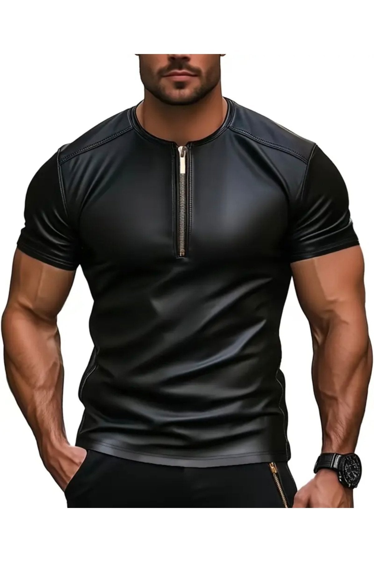 Suni Deri Bisiklet Fermuar Yakalı Tişört