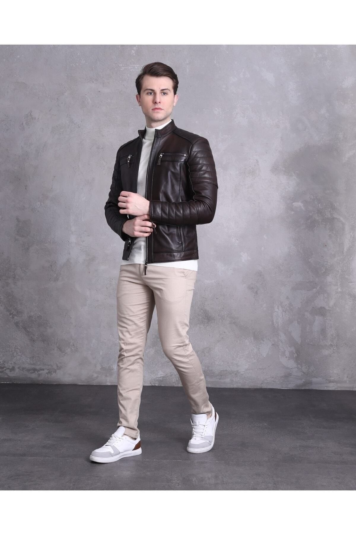 Motorcu Tarzı Mont Spor Kesim Kahve Renk