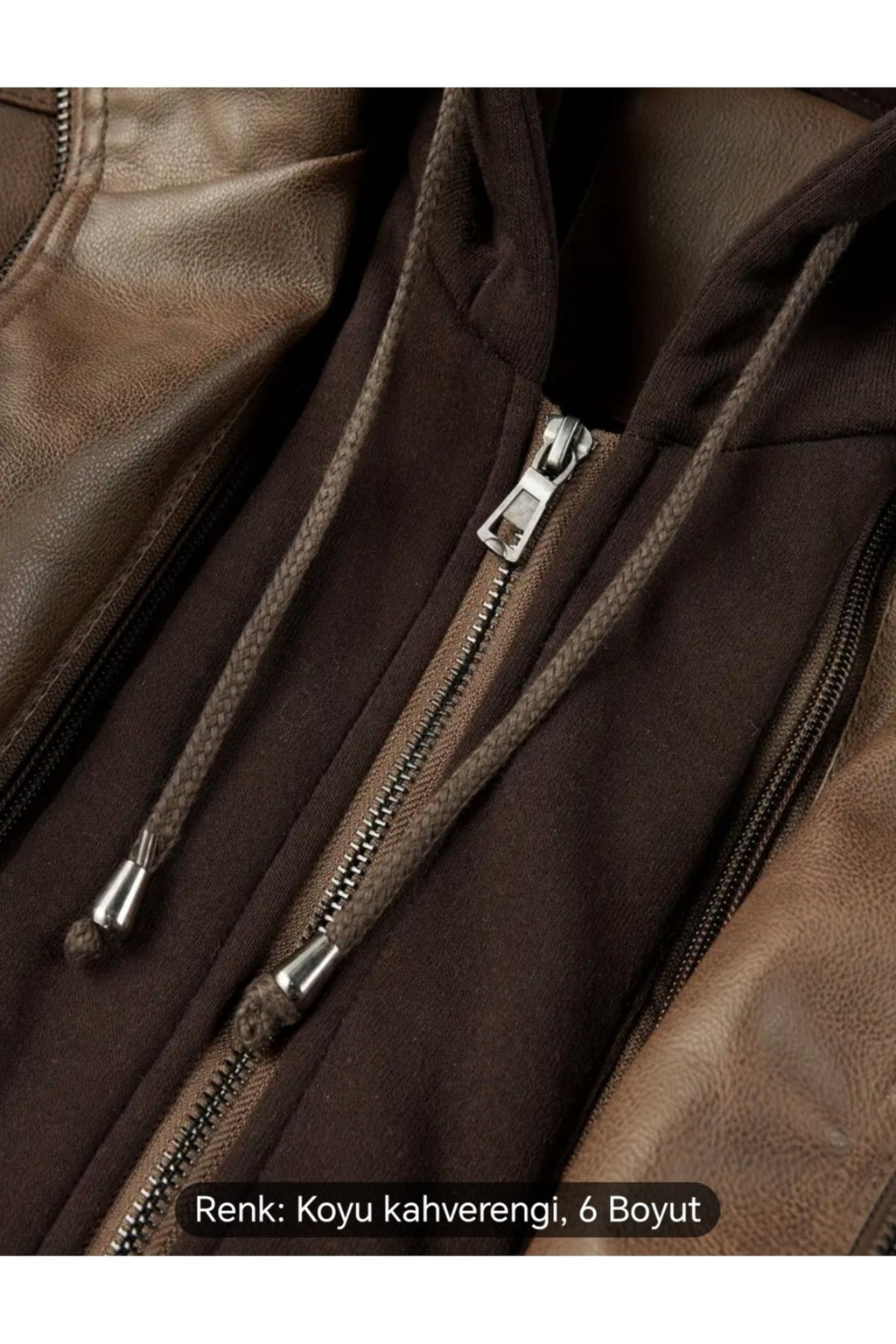 Kapüşonlu hakiki deri dikiş ve ribana detaylı mont