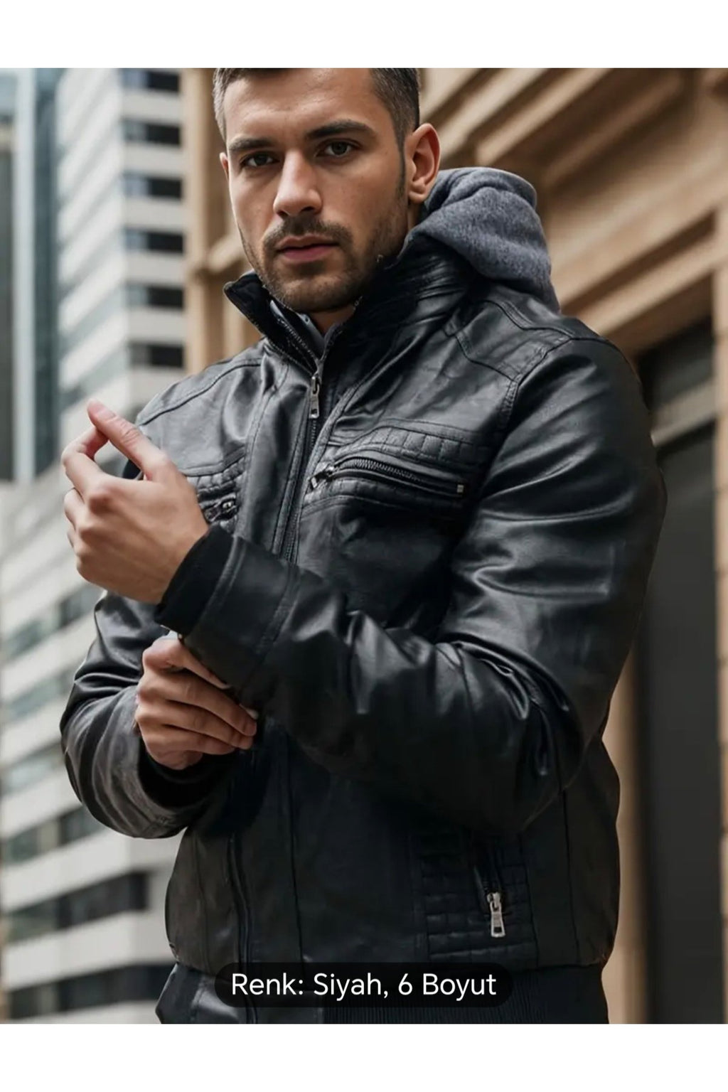 Kapüşonlu hakiki deri dikiş ve ribana detaylı mont