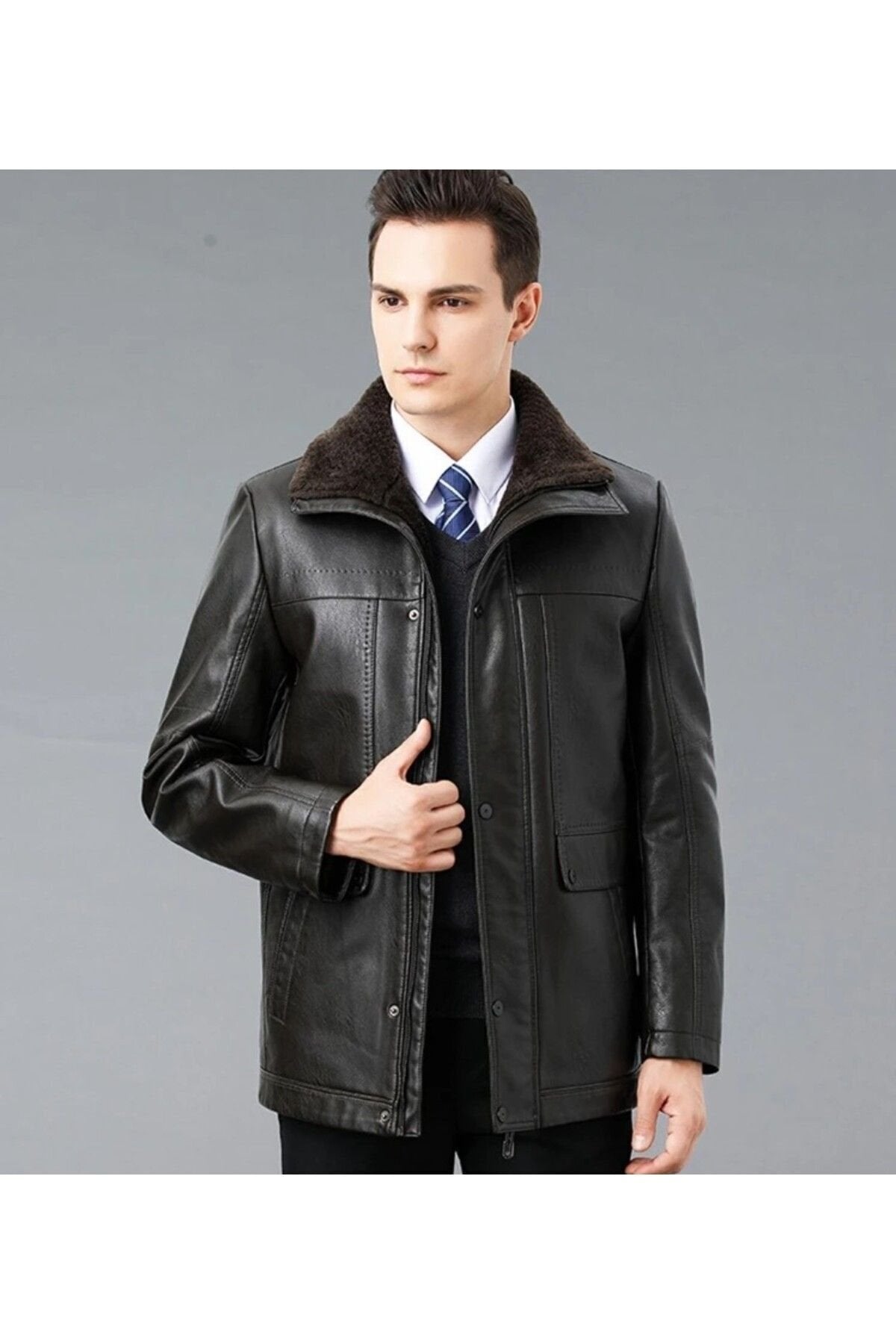 Hakiki deri İçi kürk yakası entegreli kürk mont kaban