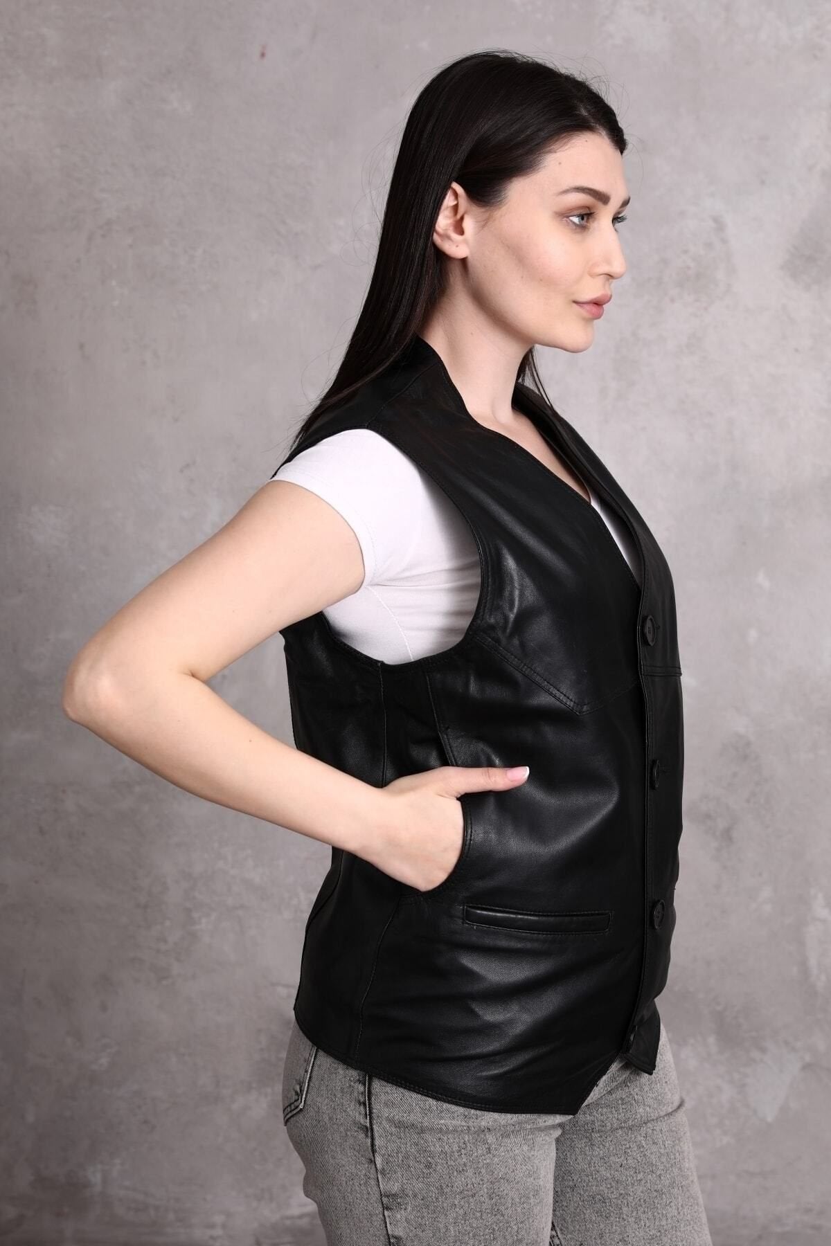 Hakiki Deri Yelek Yandan Cepli Kadın