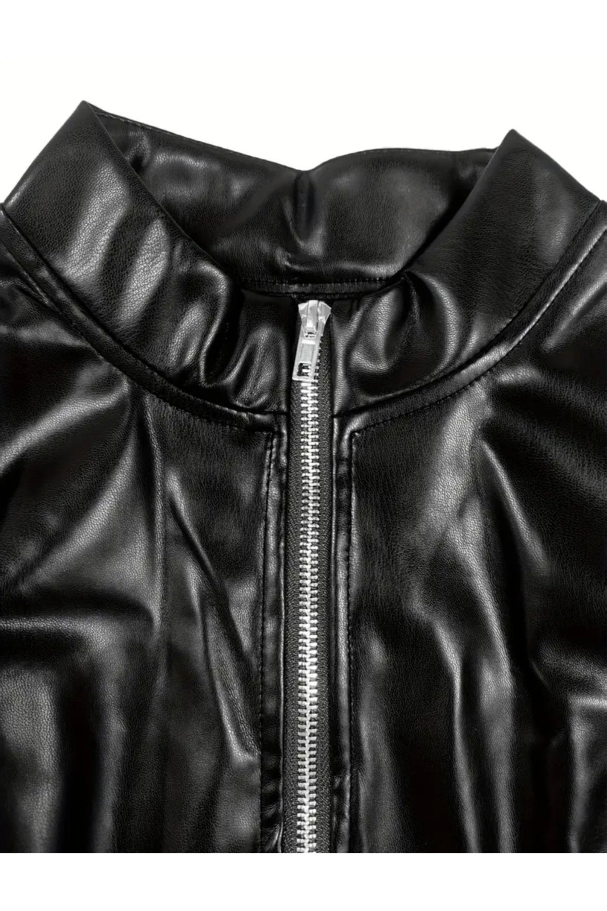 Deri Elbise Boğazlı Hakim Yaka Komple Fermuar Kapamalı