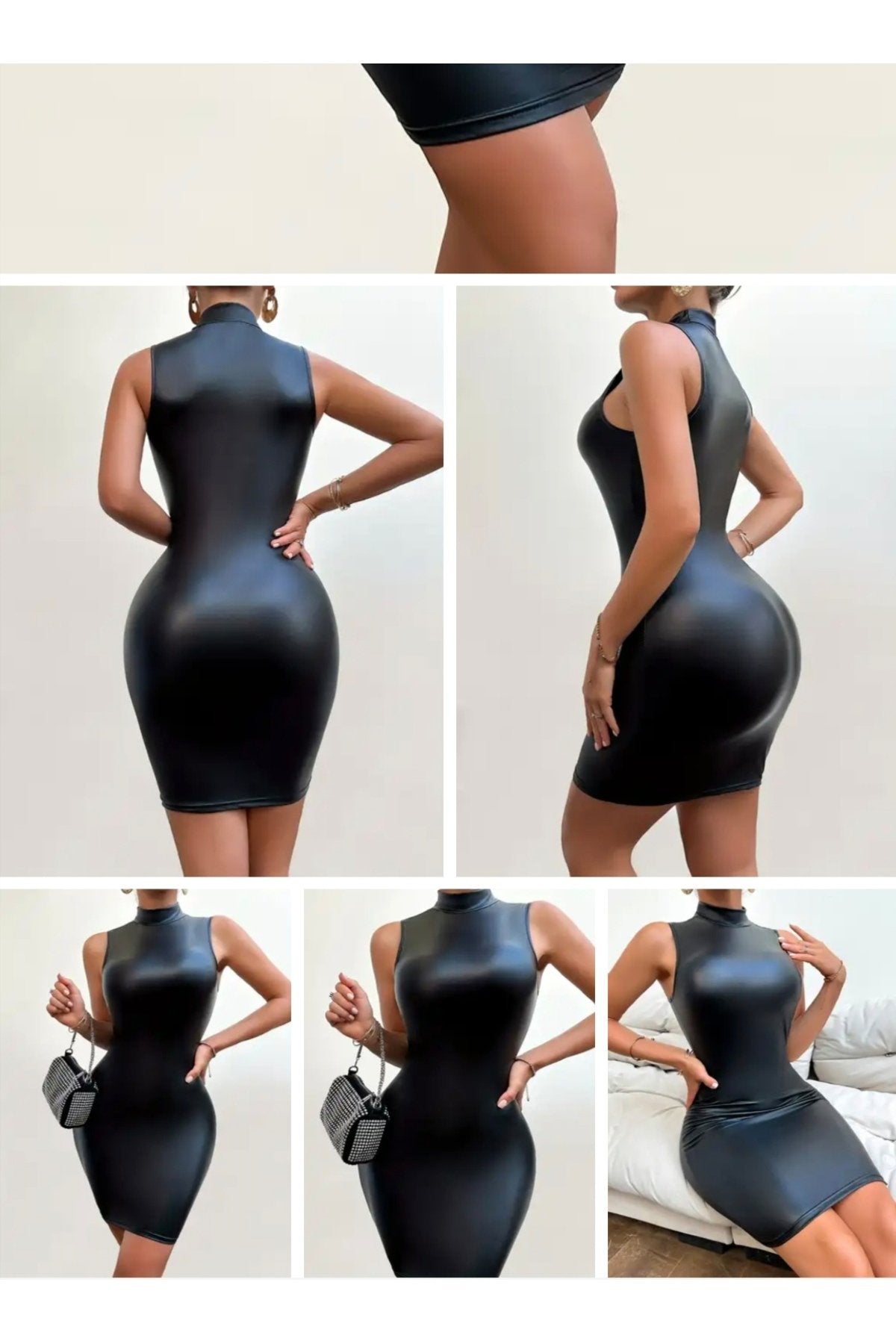 Deri Elbise Skinny Fit Kesim Boğazlı Sıfır Kol