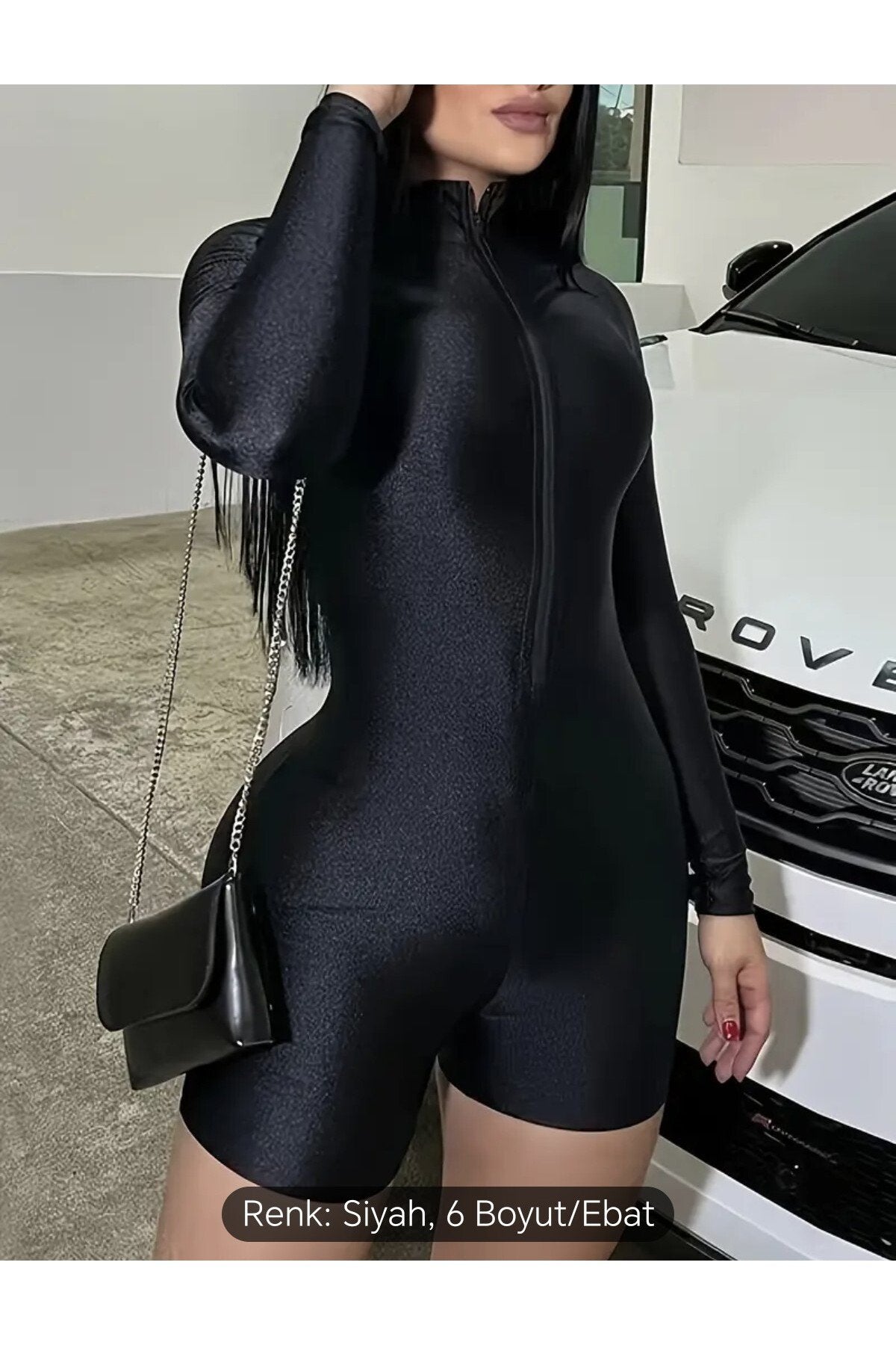Fermuarlı Şort Tulum Siyah uzun kollu