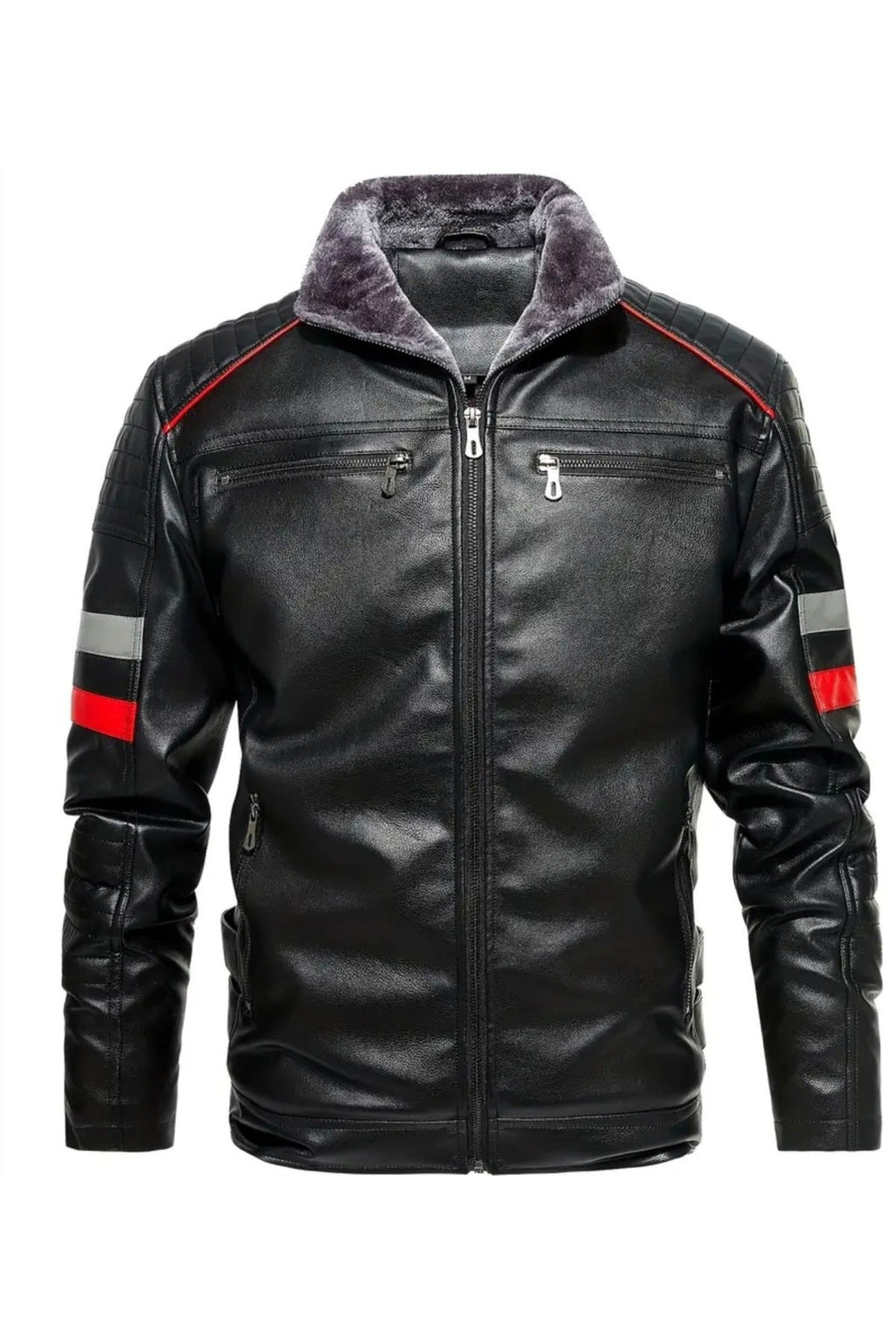 İçi Kürklü Kolları Yatay Kırmızı ve Gri Çizgili Mont