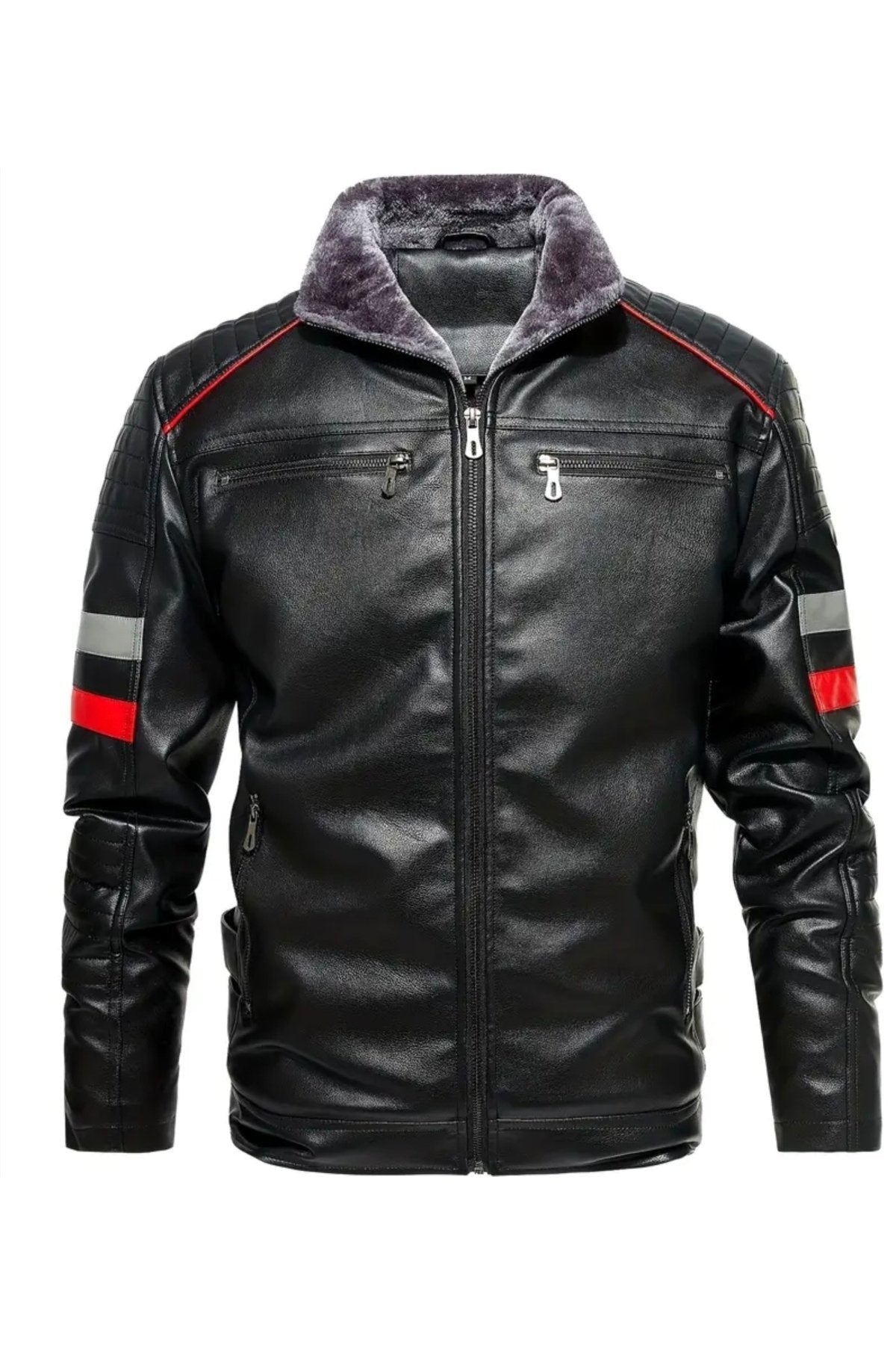 İçi Kürklü Kolları Yatay Kırmızı ve Gri Çizgili Mont