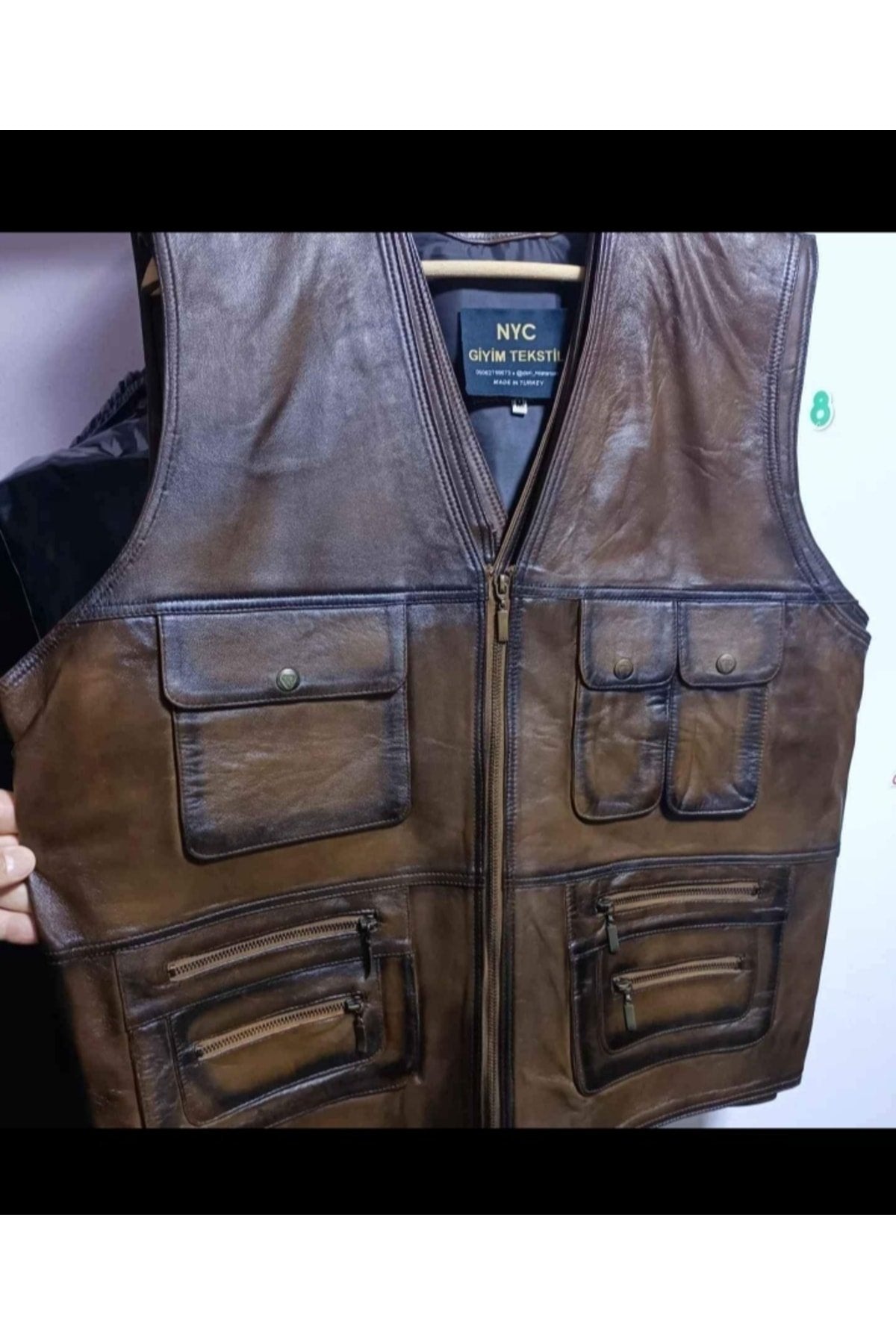 Hakiki Deri Avcı Yeleği Karartmalı Kahve