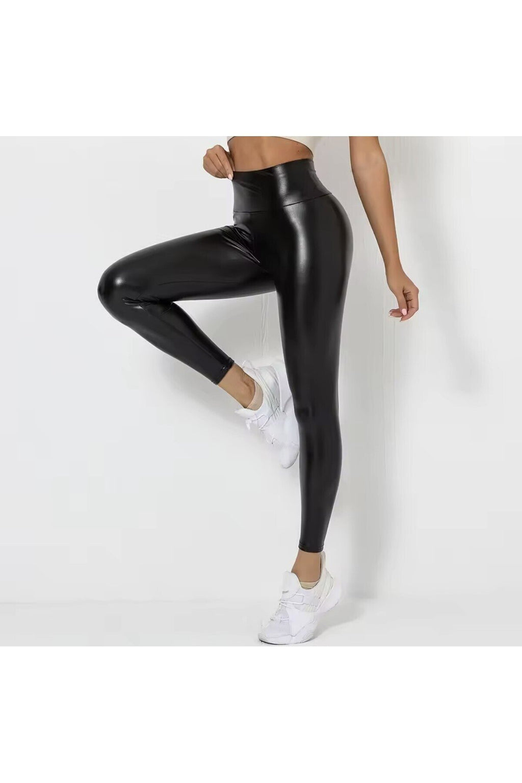 Yüksek Bel Deri Görünümlü Büzgülü Spor Tayt, Siyah, Popo Kaldırıcı, Fitness ve Yoga için