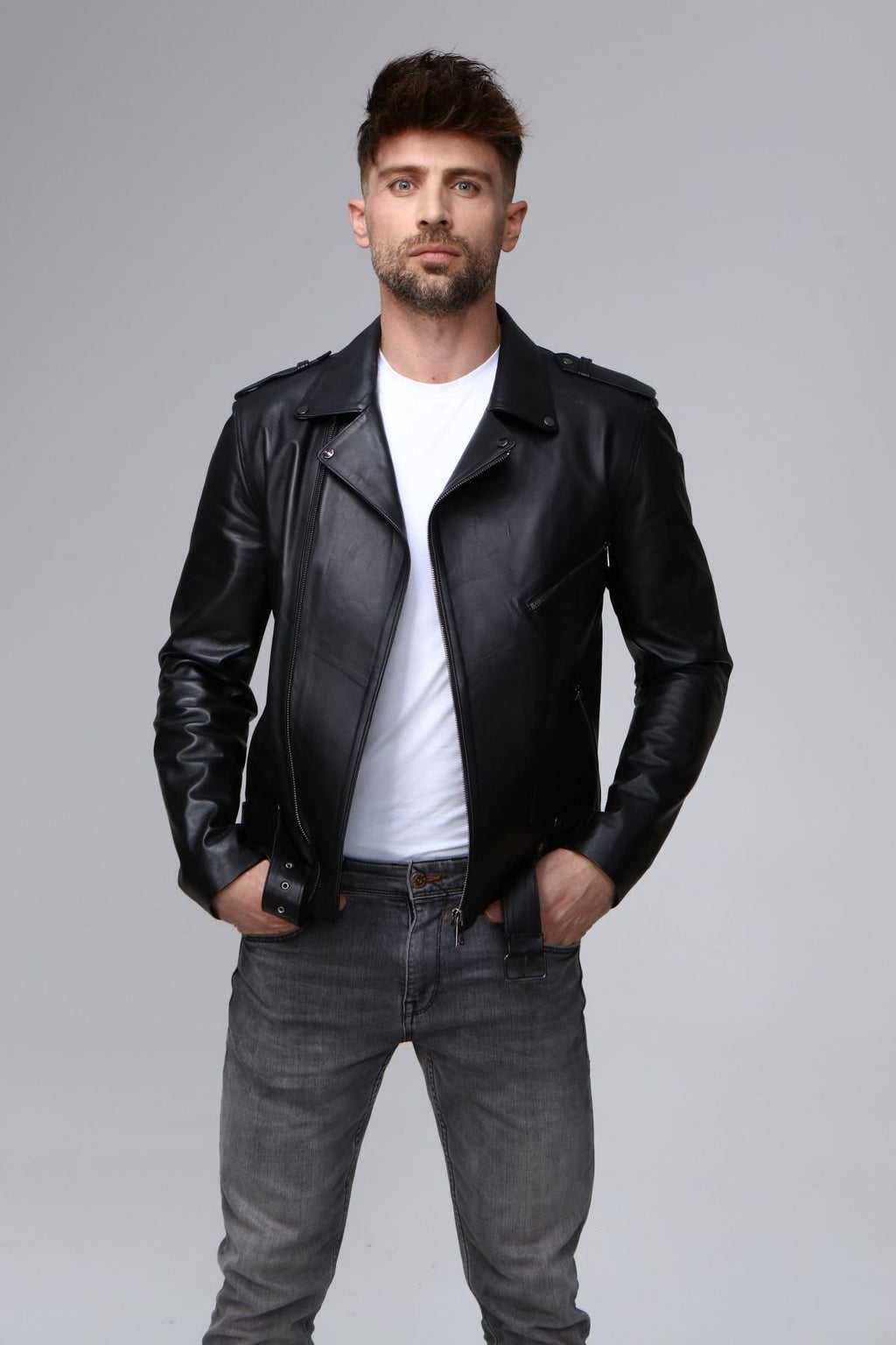 Motorcu tarzı Hakiki deri biker mont siyah renk