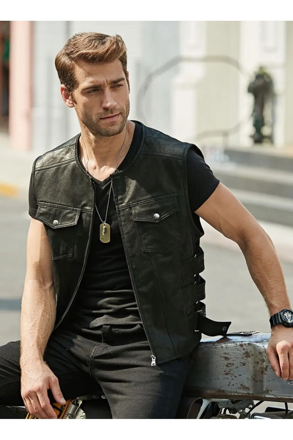 Hakiki Zik Deri Motorcu Yelek