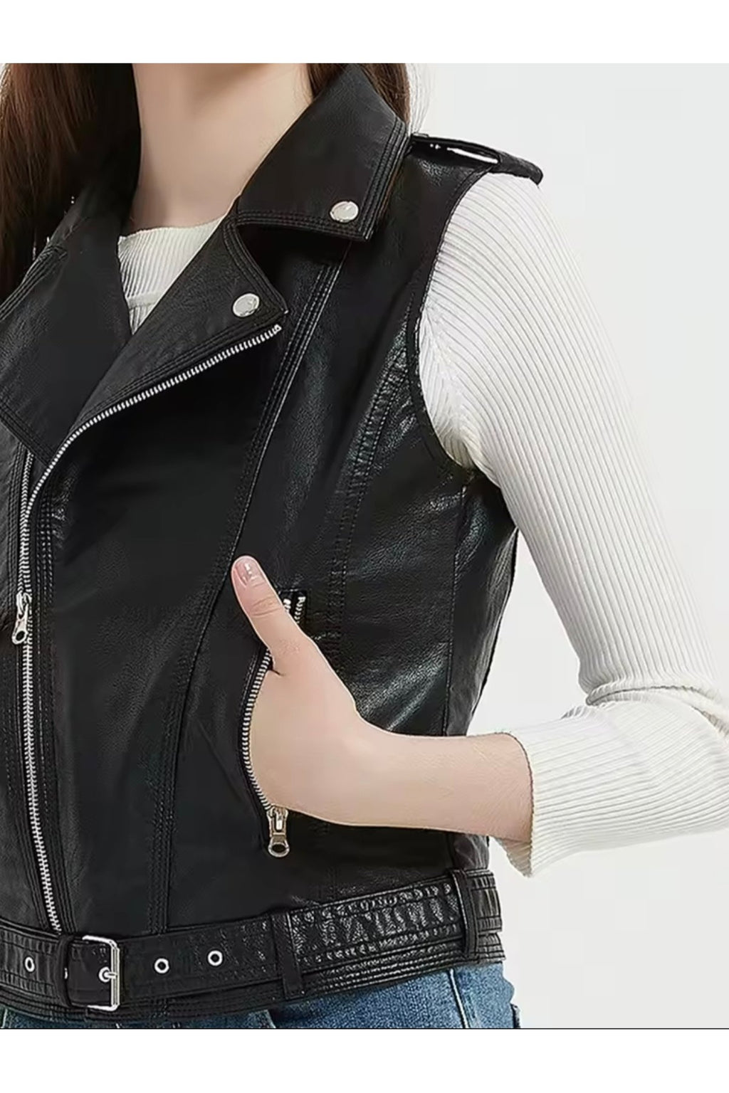 Hakiki kuzu derisi Kadın Motorcu Tarzı Biker Yelek