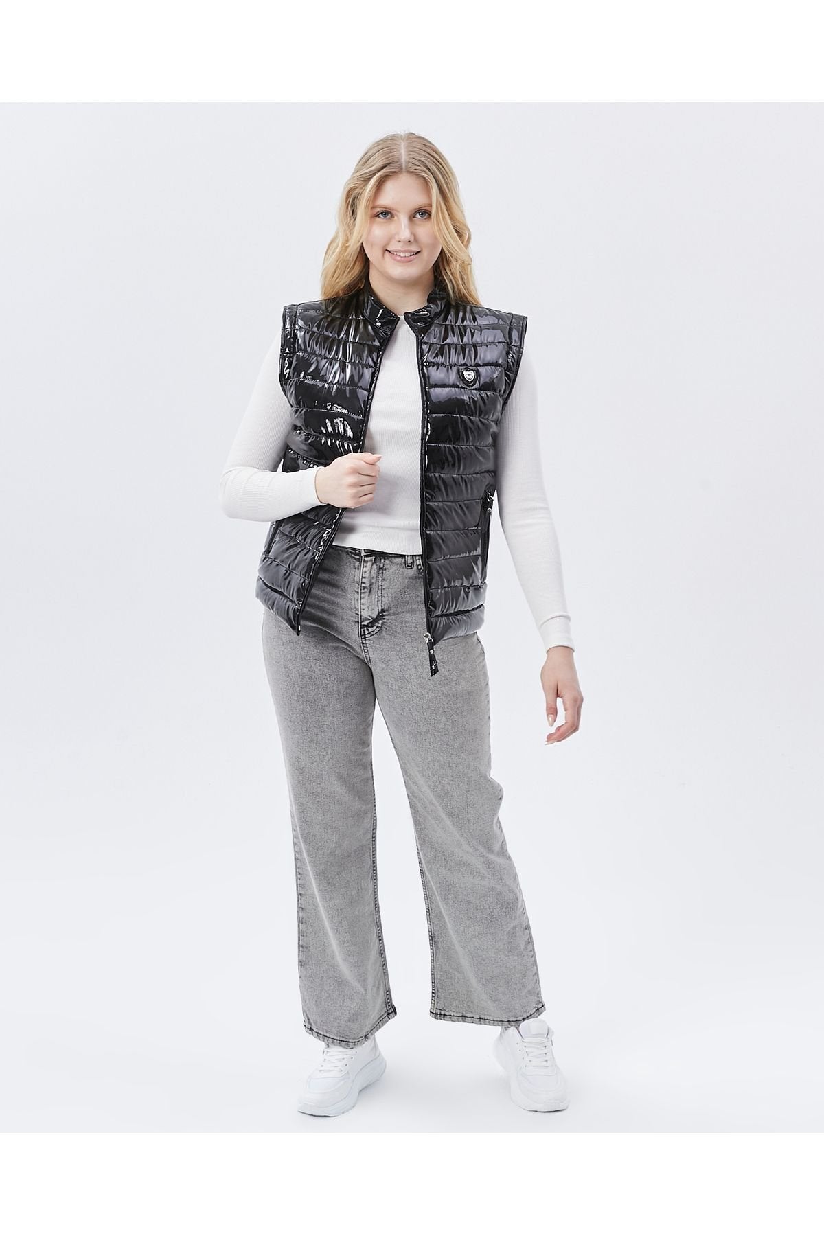 Rugan Deri Yelek Siyah Parlak Kadın